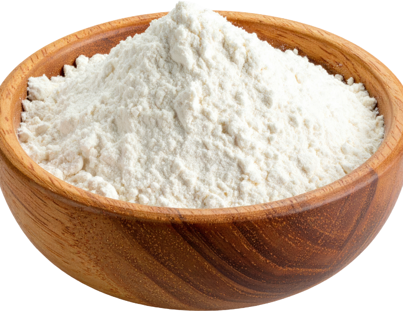 White protein powder in a wooden bowl