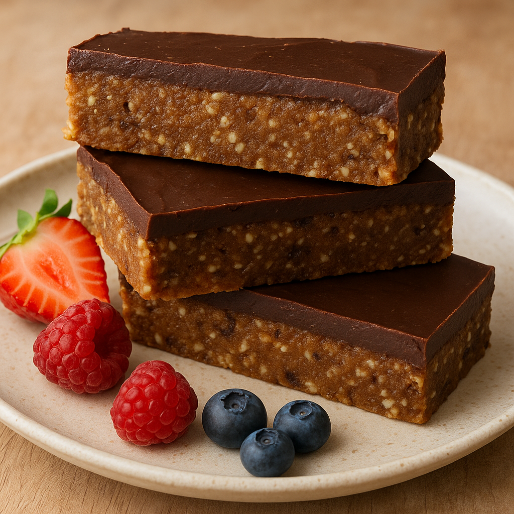 Chocolate-topped protein bars with fresh berries on a plate